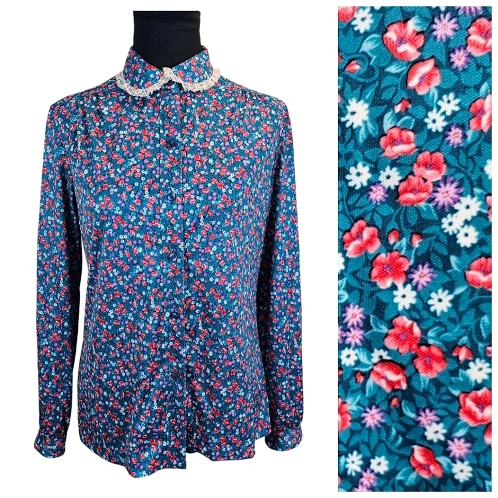 Vintage 1970s Nikki Floral Blouse Sz Small Cottagecore Retro Peter Pan Collar
